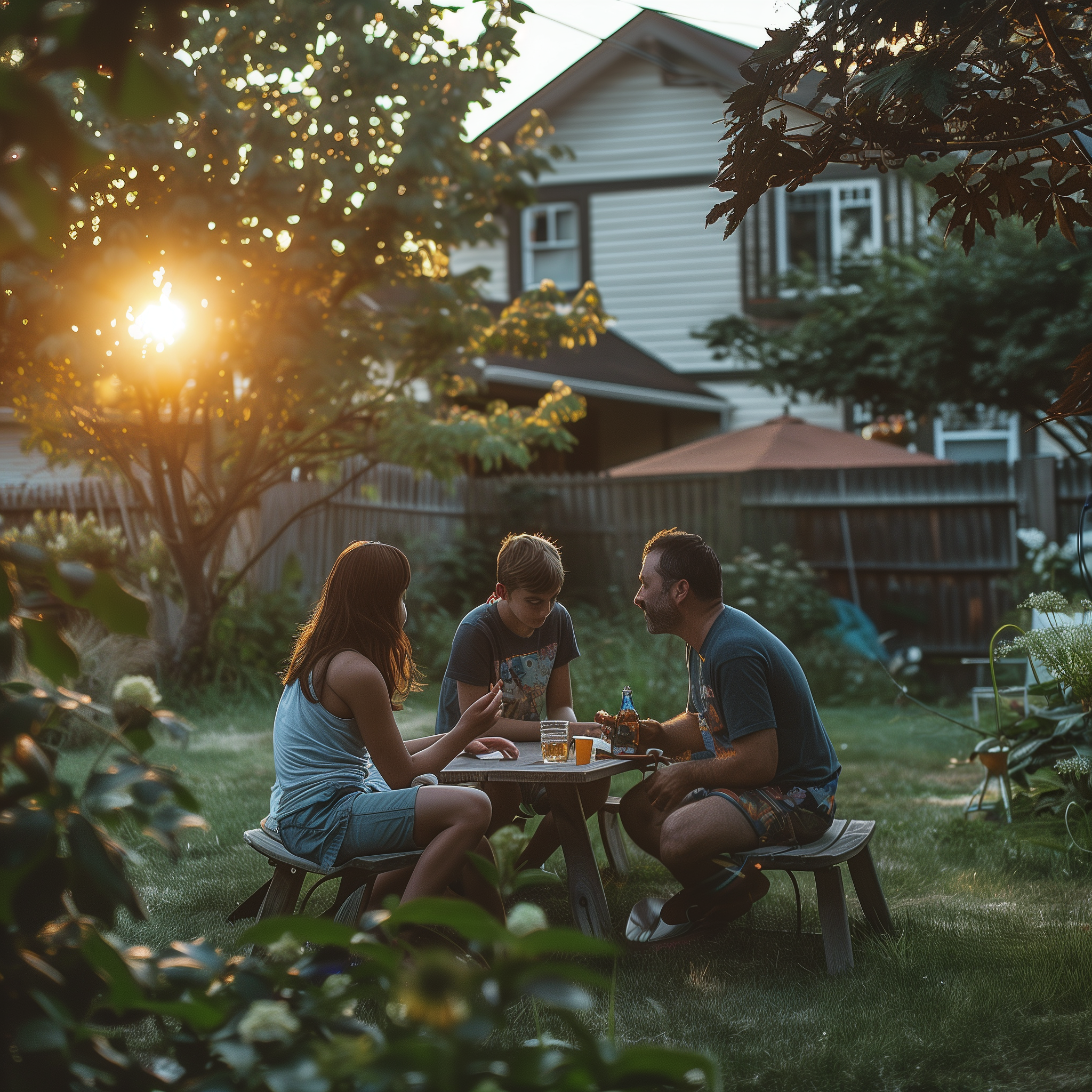 family sitting around table in backyard